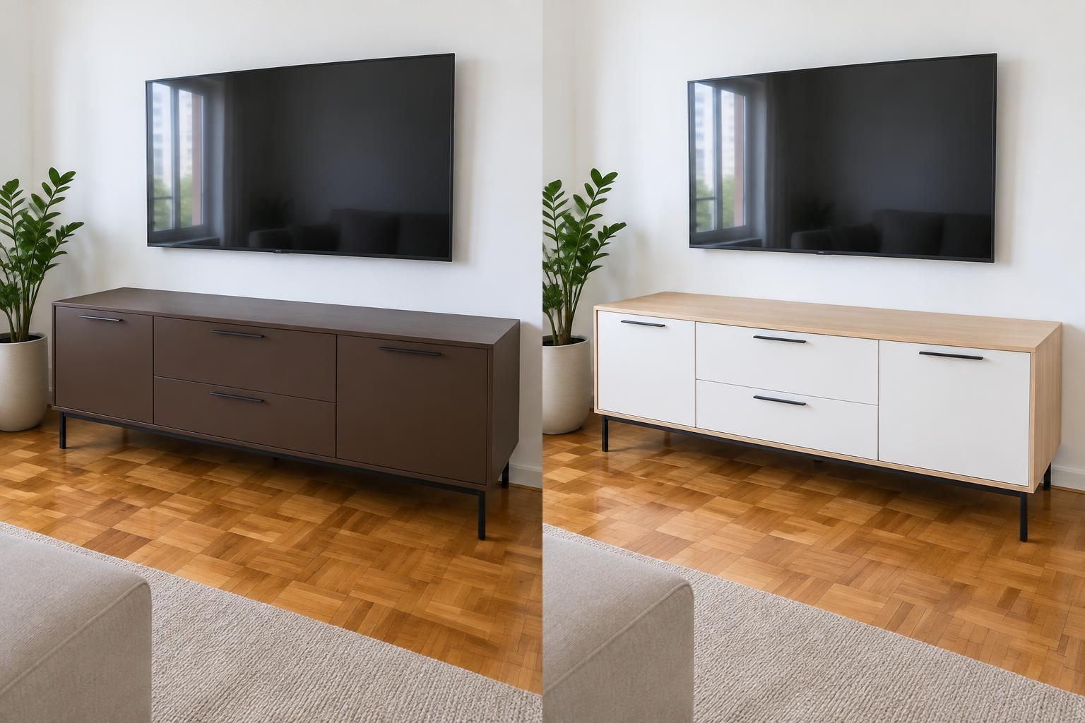Simulação antes e depois de envelopamento: Rack · Branco e madeirado
