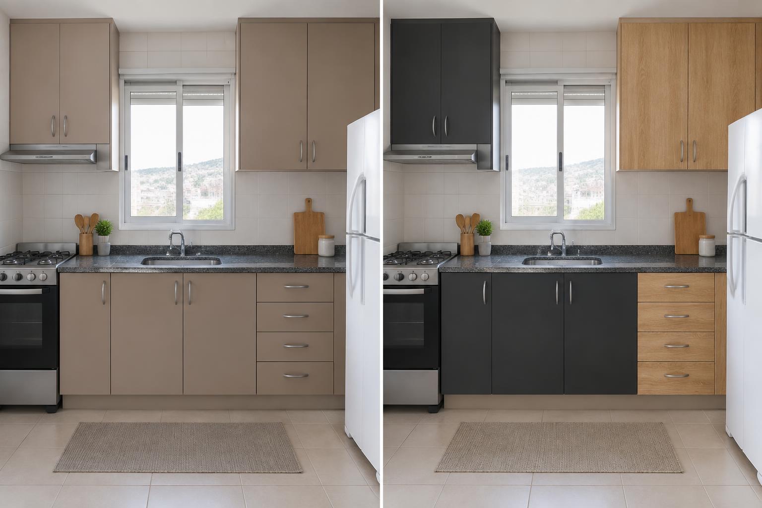 Simulação antes e depois de envelopamento: Cozinha · Preto fosco e madeirado